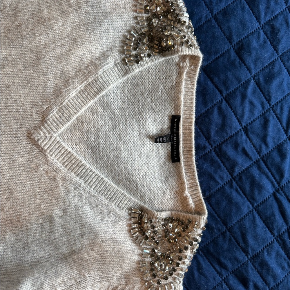 White House Black Market Cream V-Neck Sweater with Embellishments